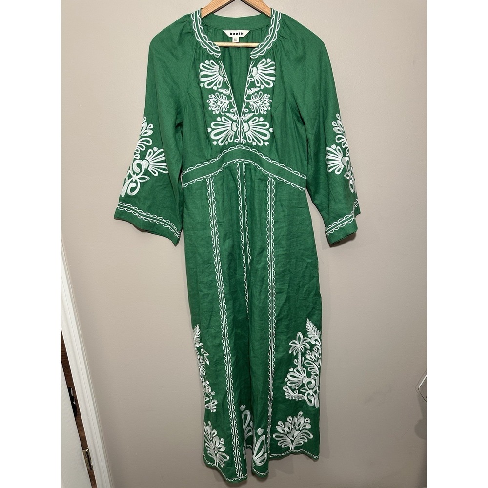 Boden Una Linen Embroidered Maxi Dress US Sz 6 R Green Embroidered Pockets - Picture 4 of 7